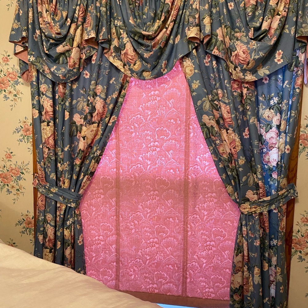 Vintage custom floral draperies, 54”& 34”wide, 84”long. Decorator fabric, lined